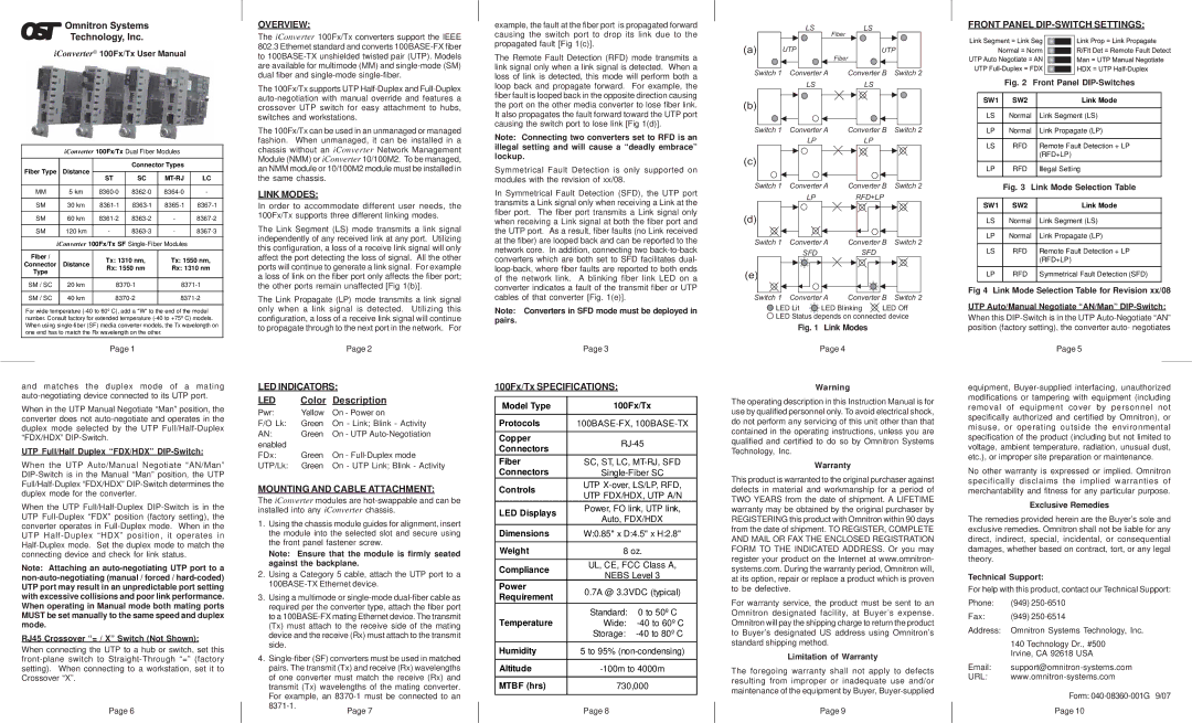 Omnitron Systems Technology 100Tx specifications Overview, Link Modes, Front Panel DIP-SWITCH Settings, LED Indicators 