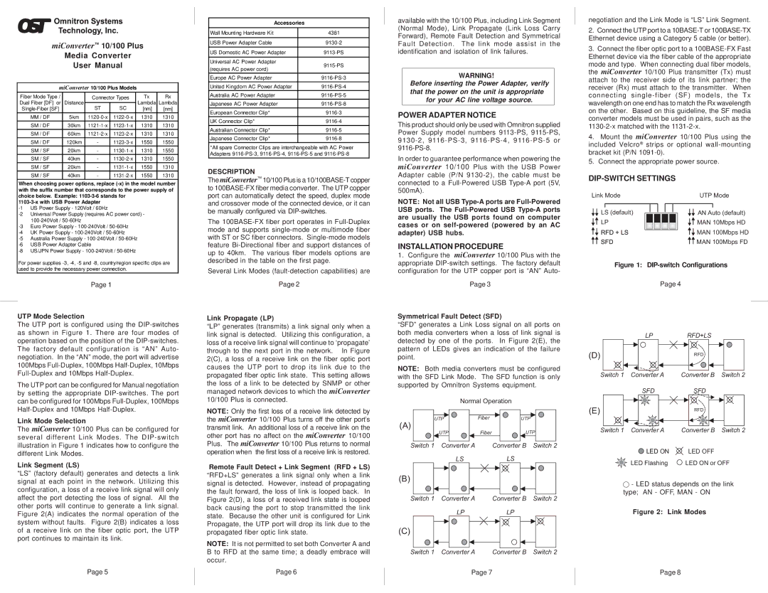 Omnitron Systems Technology 10/100 Plus user manual Power Adapter Notice, Installation Procedure, DIP-SWITCH Settings 