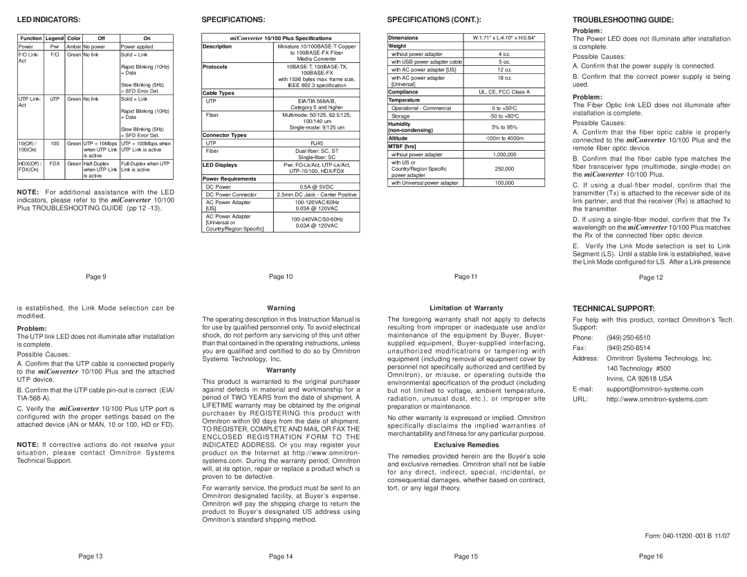 Omnitron Systems Technology 10/100 Plus LED Indicators, Specifications, Troubleshooting Guide, Technical Support 