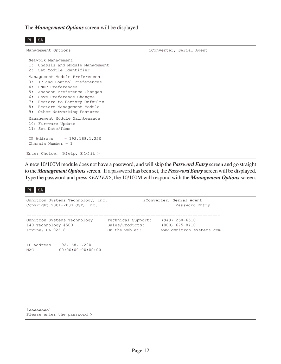 Omnitron Systems Technology 10/100M user manual Management Options screen will be displayed 