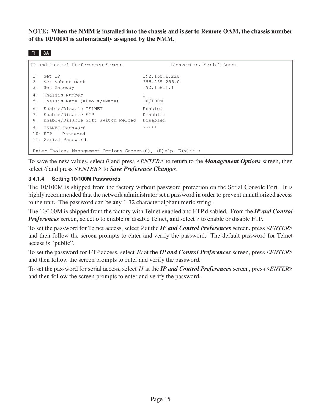 Omnitron Systems Technology user manual Setting 10/100M Passwords 