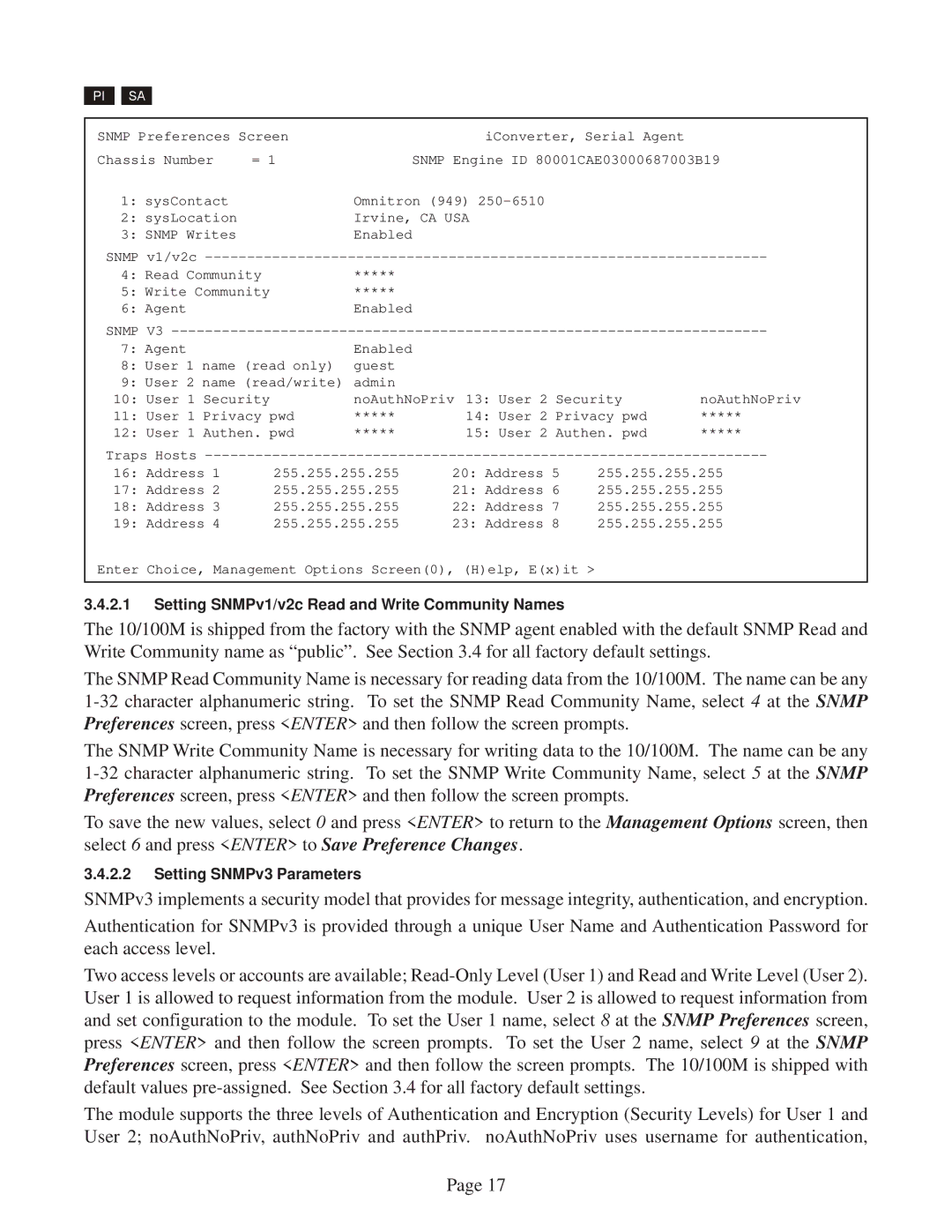 Omnitron Systems Technology 10/100M user manual Setting SNMPv1/v2c Read and Write Community Names 