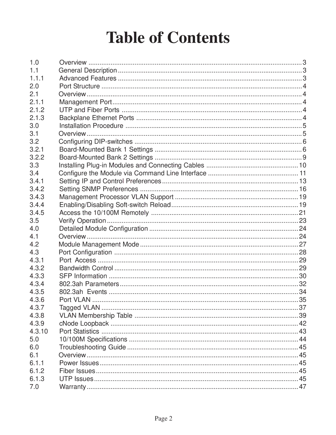 Omnitron Systems Technology 10/100M user manual Table of Contents 