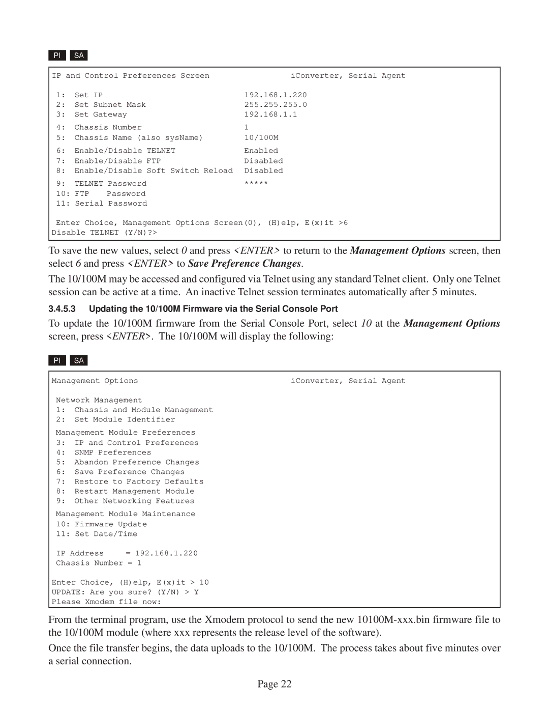 Omnitron Systems Technology user manual Updating the 10/100M Firmware via the Serial Console Port 