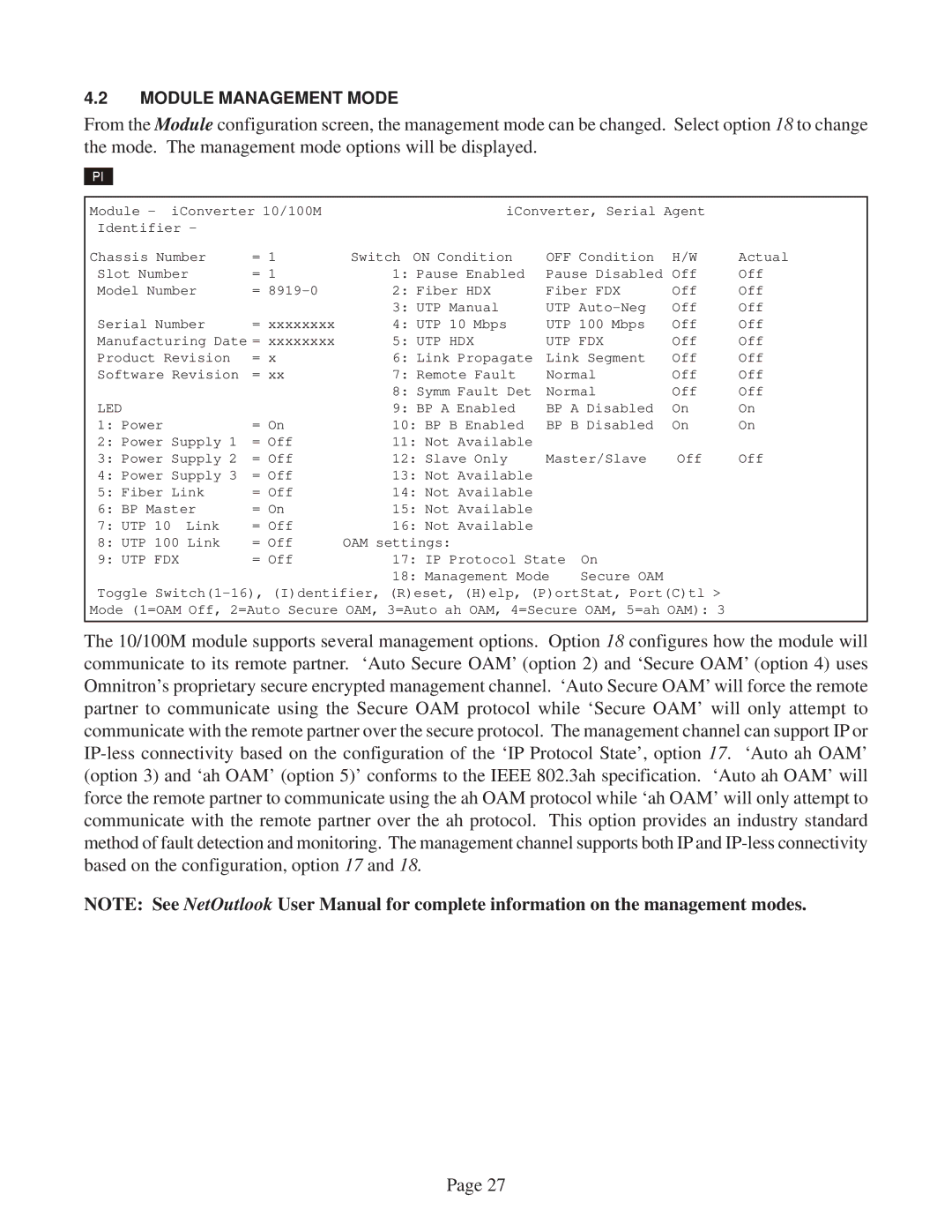 Omnitron Systems Technology 10/100M user manual Module Management Mode 