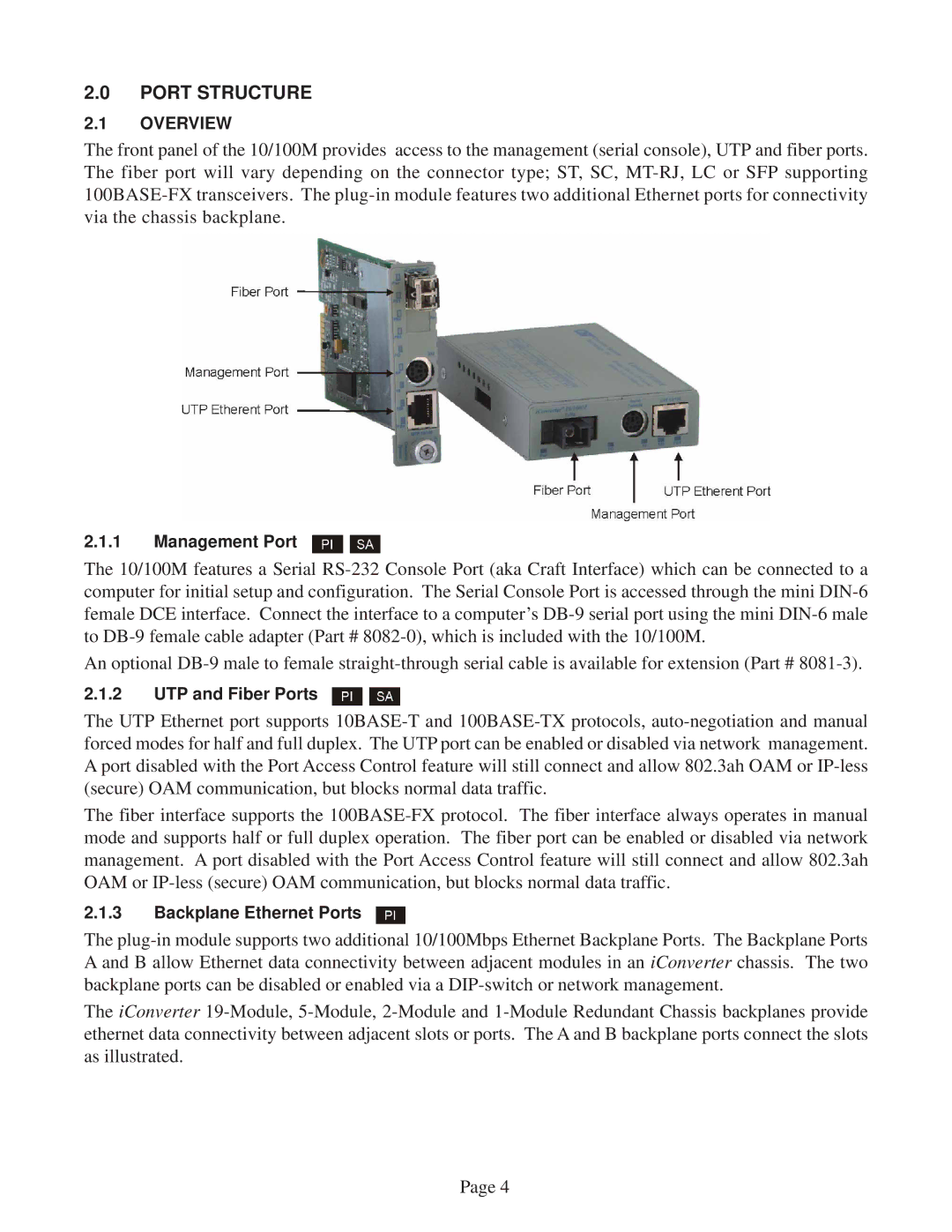 Omnitron Systems Technology 10/100M user manual Port Structure 