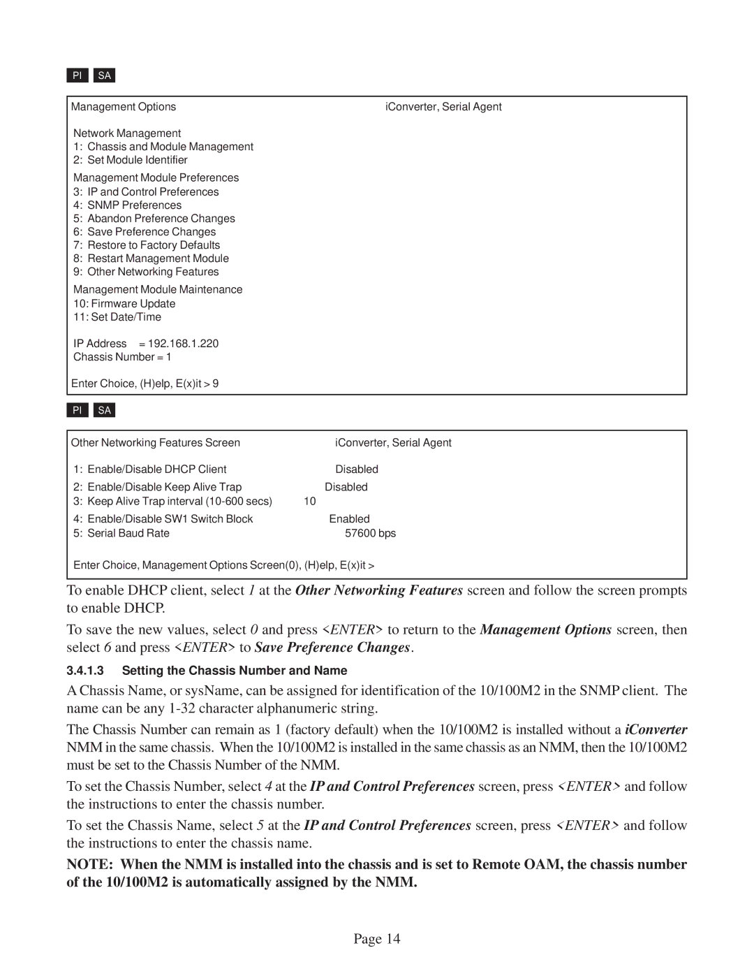 Omnitron Systems Technology 10/100M2 user manual Setting the Chassis Number and Name 