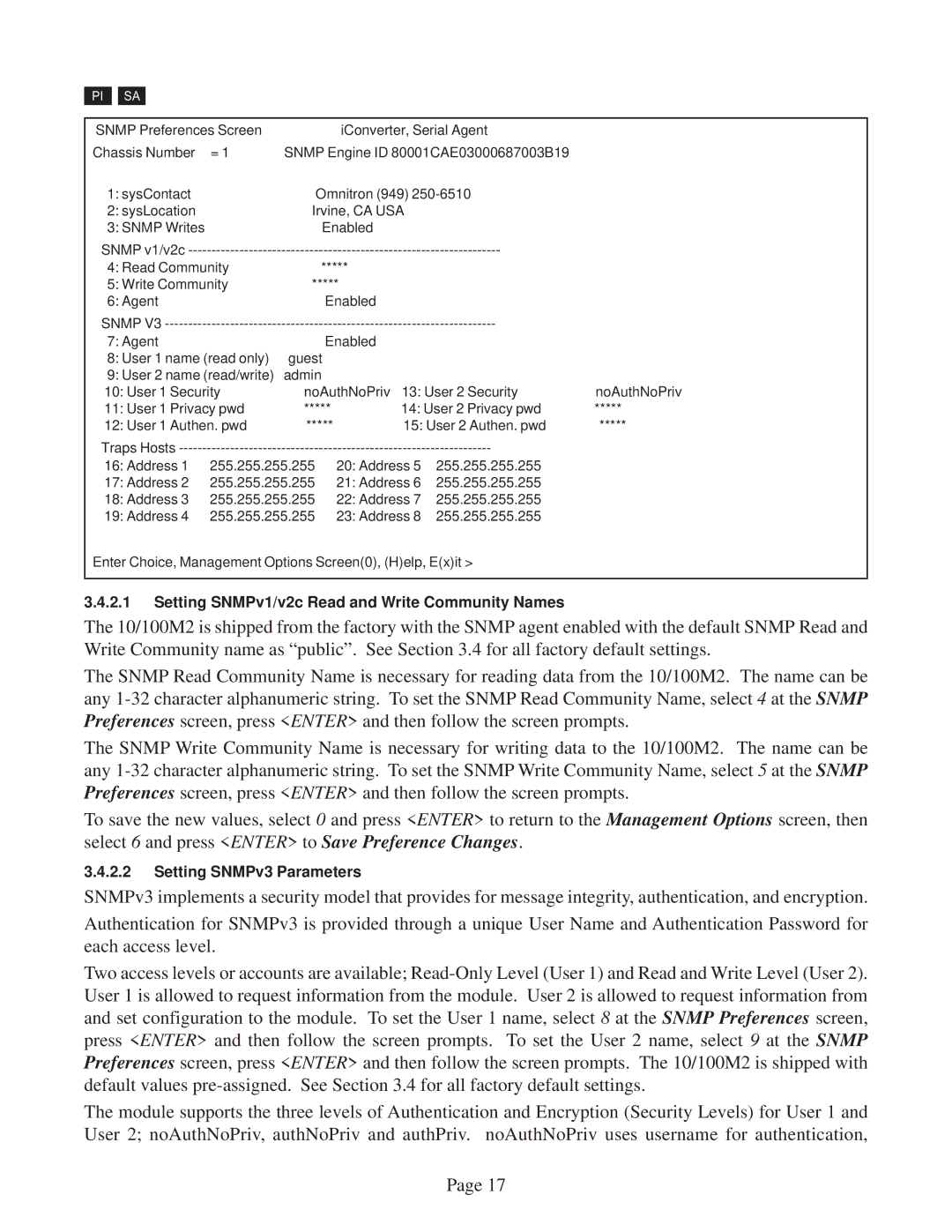 Omnitron Systems Technology 10/100M2 user manual Setting SNMPv1/v2c Read and Write Community Names 