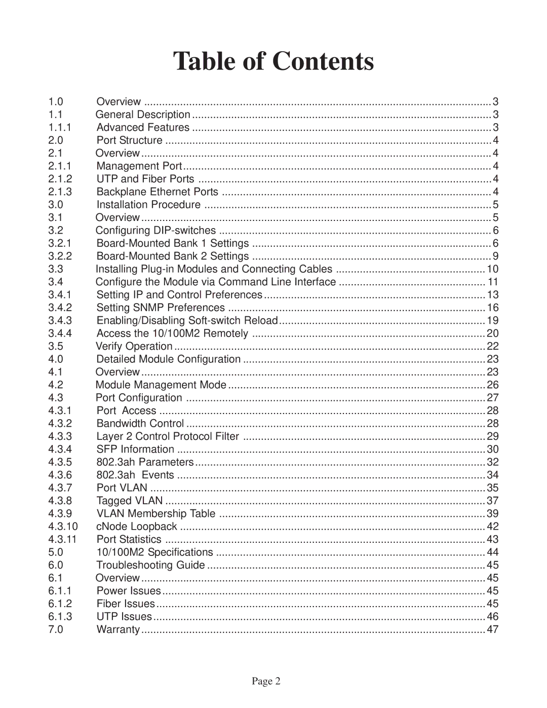 Omnitron Systems Technology 10/100M2 user manual Table of Contents 