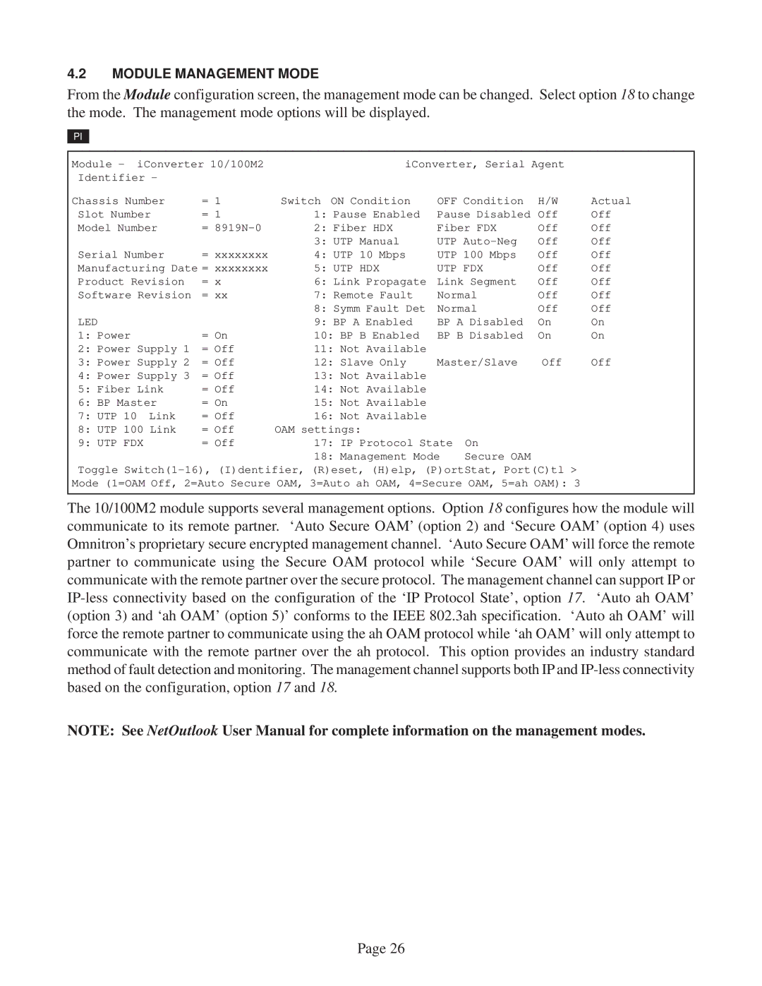 Omnitron Systems Technology 10/100M2 user manual Module Management Mode 