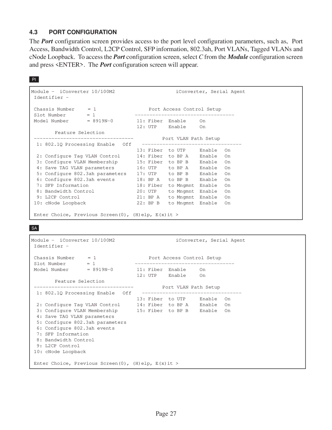 Omnitron Systems Technology 10/100M2 user manual Port Configuration 