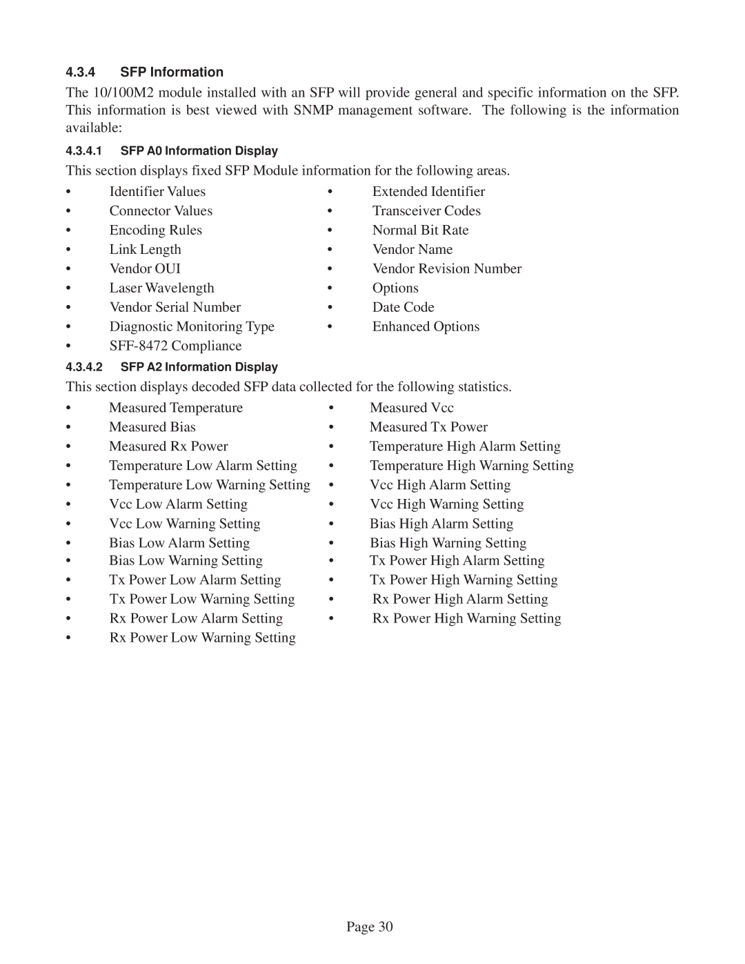 Omnitron Systems Technology 10/100M2 user manual SFP Information 