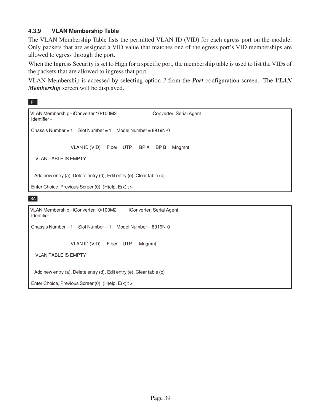 Omnitron Systems Technology 10/100M2 user manual Vlan ID VID, UTP BP a BP B, Vlan Table is Empty 