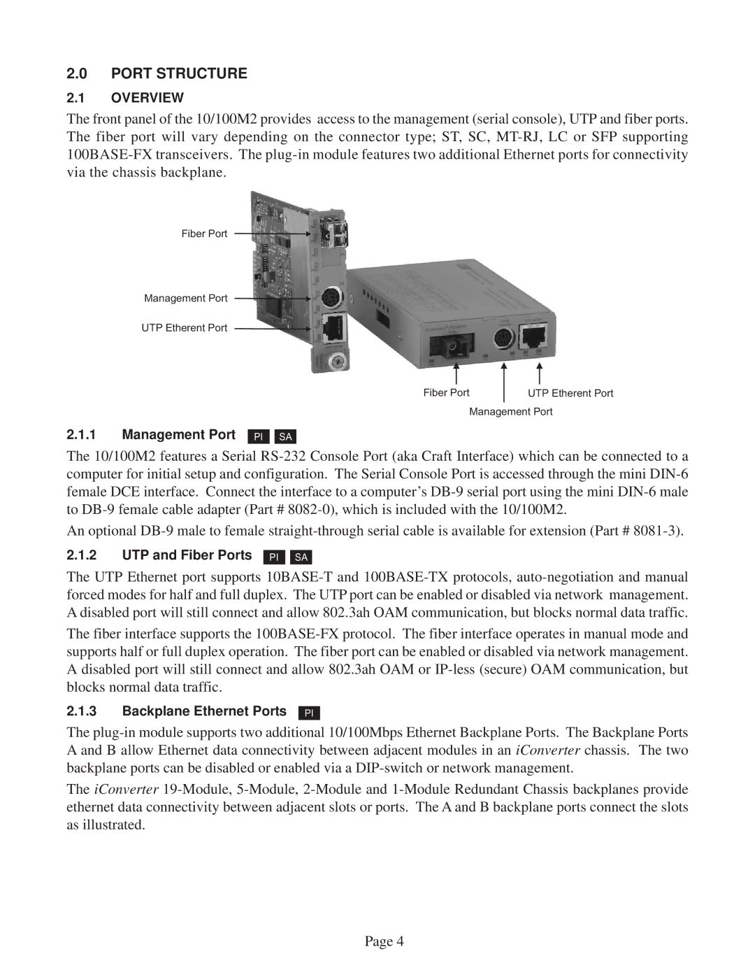 Omnitron Systems Technology 10/100M2 user manual Port Structure 