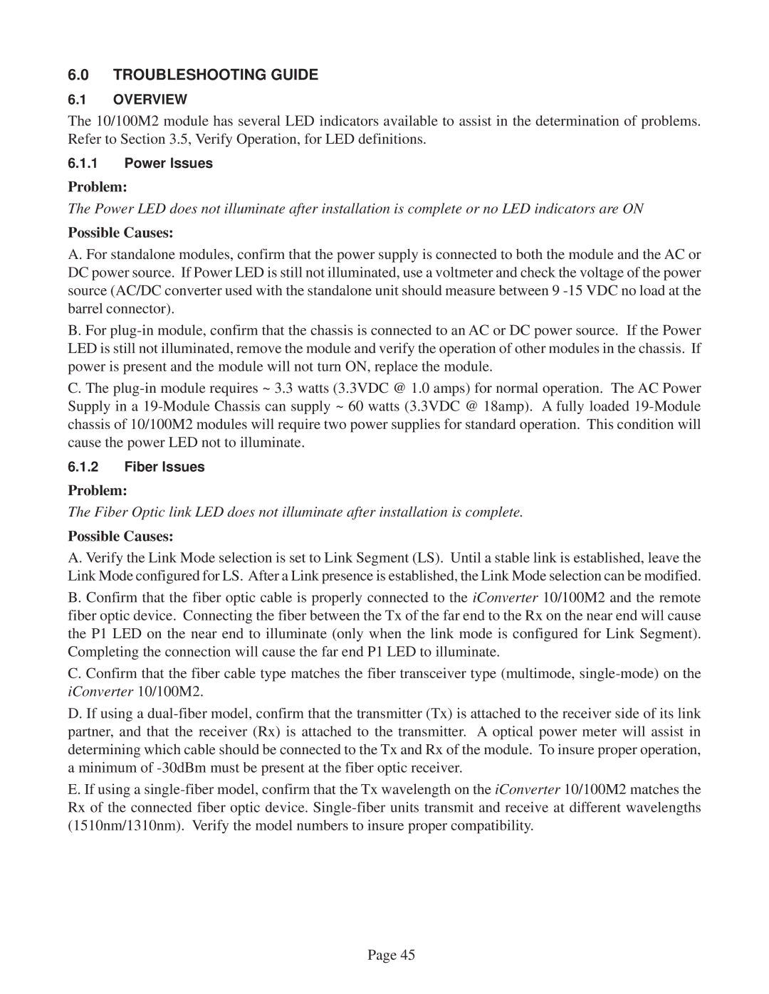 Omnitron Systems Technology 10/100M2 user manual Troubleshooting Guide, Possible Causes 