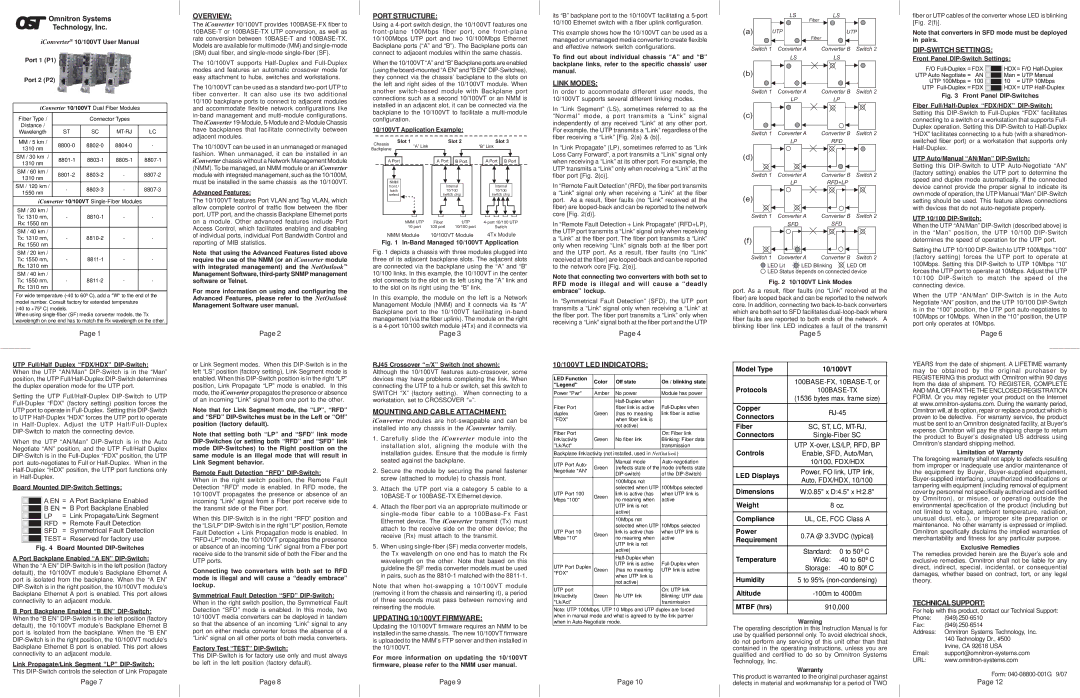 Omnitron Systems Technology 10/100VT warranty Overview, Port Structure, Mounting and Cable Attachment, Link Modes 