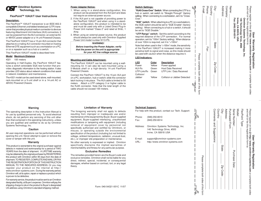 Omnitron Systems Technology warranty FlexPointTM 10AUI/T User Instructions, User Warranty Registration 