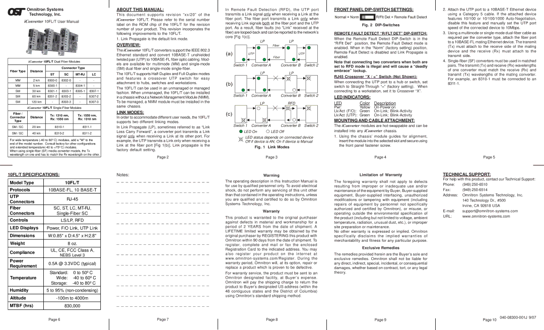 Omnitron Systems Technology specifications 10FL/T Specifications, About this Manual, Overview, Link Modes 