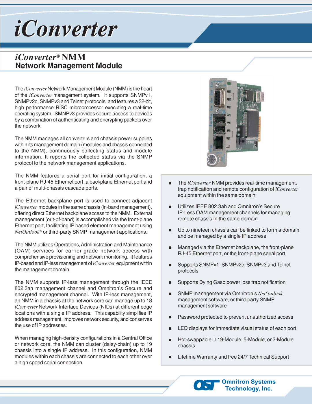 Omnitron Systems Technology 12/08 warranty IConverter NMM, Network Management Module 