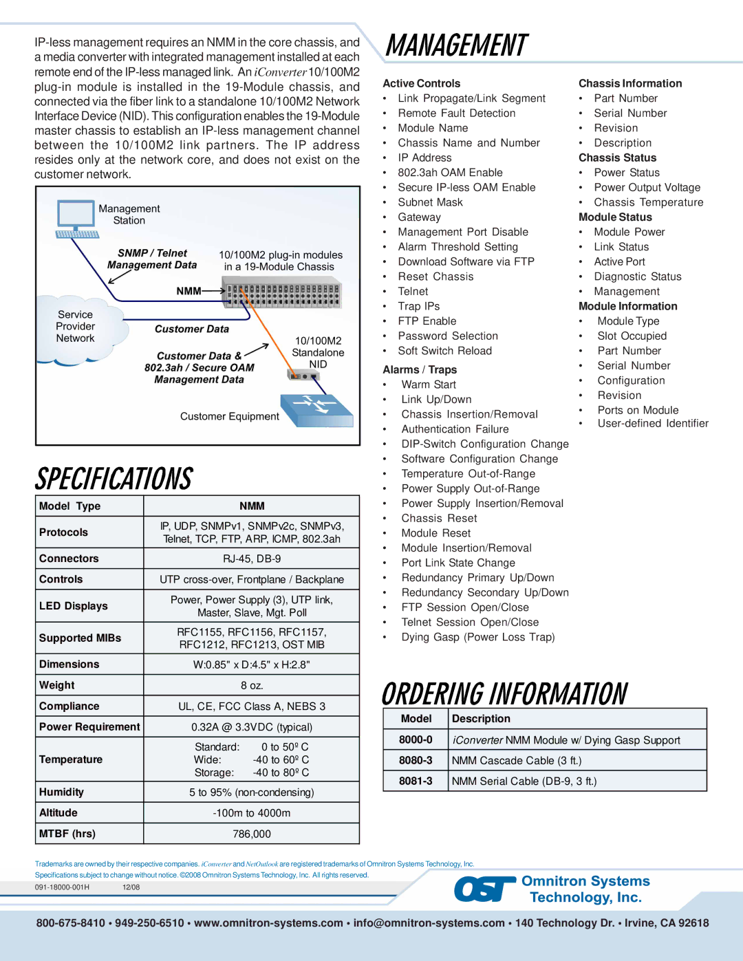 Omnitron Systems Technology 12/08 warranty Nmm, Model Description 