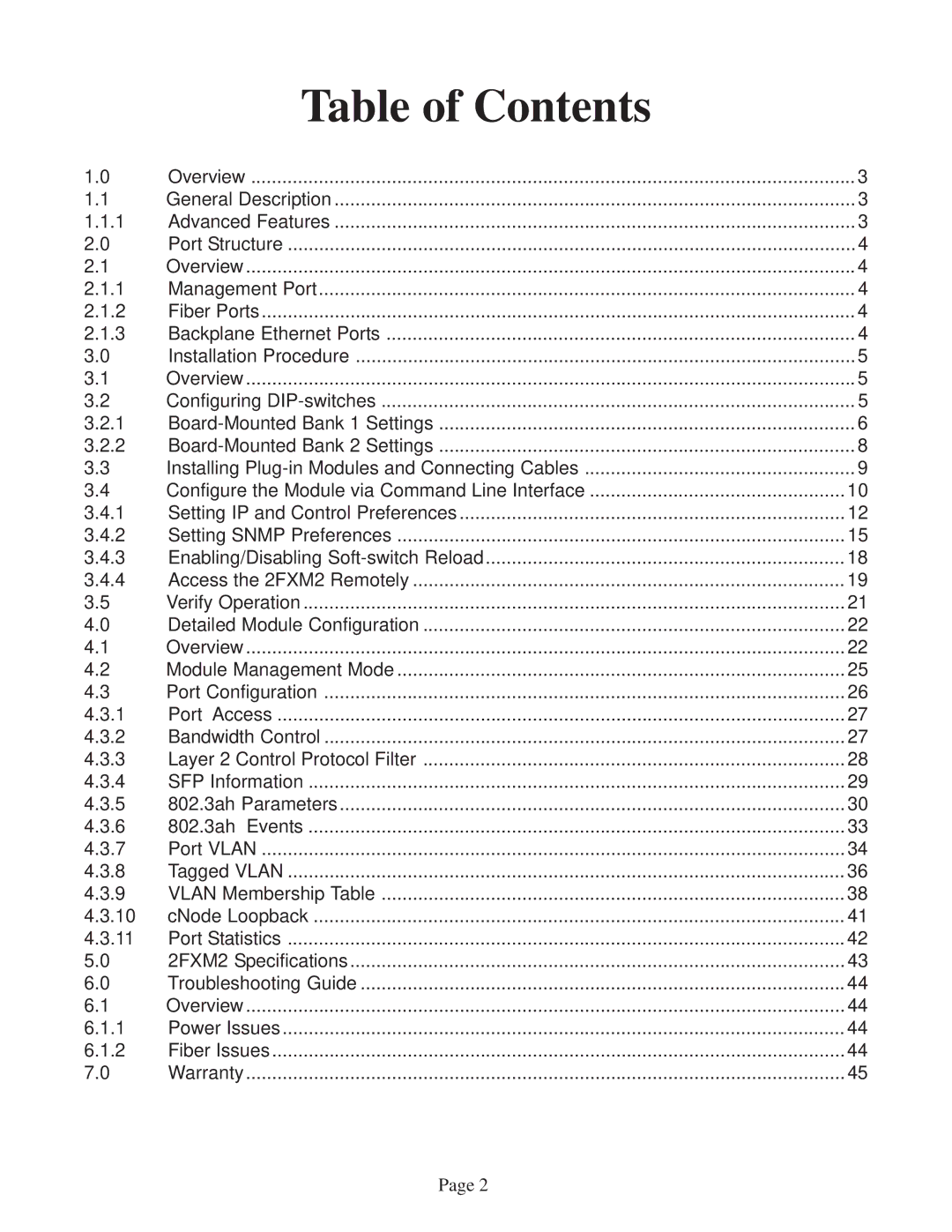 Omnitron Systems Technology 2FXM2 user manual Table of Contents 