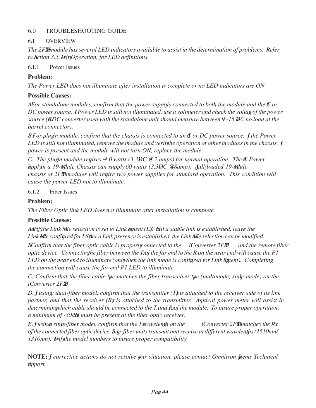 Omnitron Systems Technology 2FXM2 user manual Troubleshooting Guide, Possible Causes 