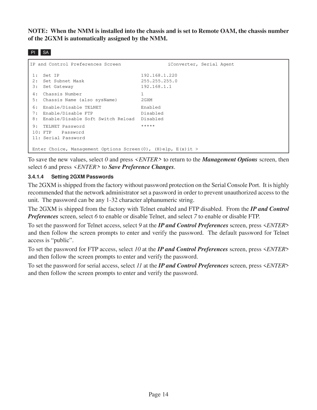 Omnitron Systems Technology user manual Setting 2GXM Passwords 