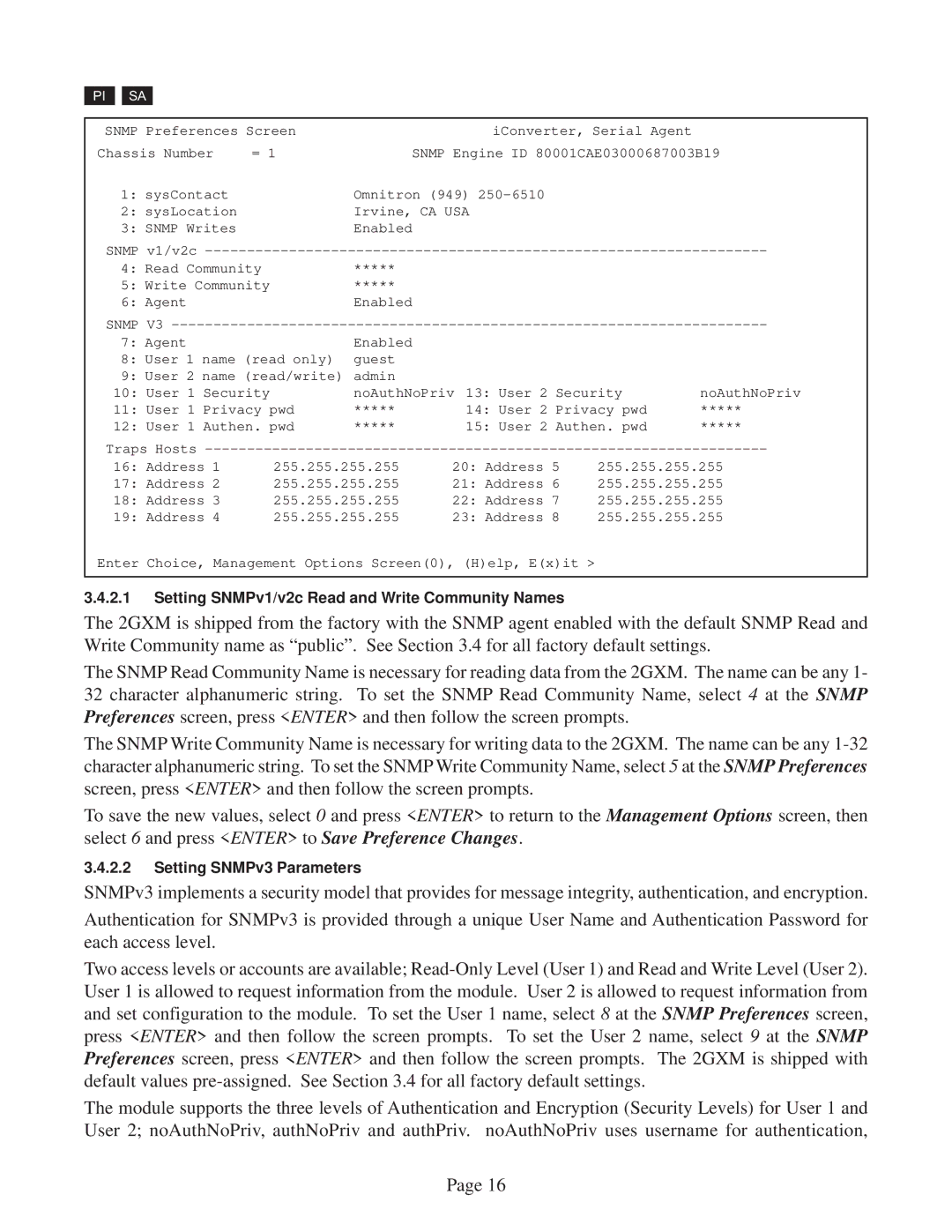 Omnitron Systems Technology 2GXM user manual Setting SNMPv1/v2c Read and Write Community Names 