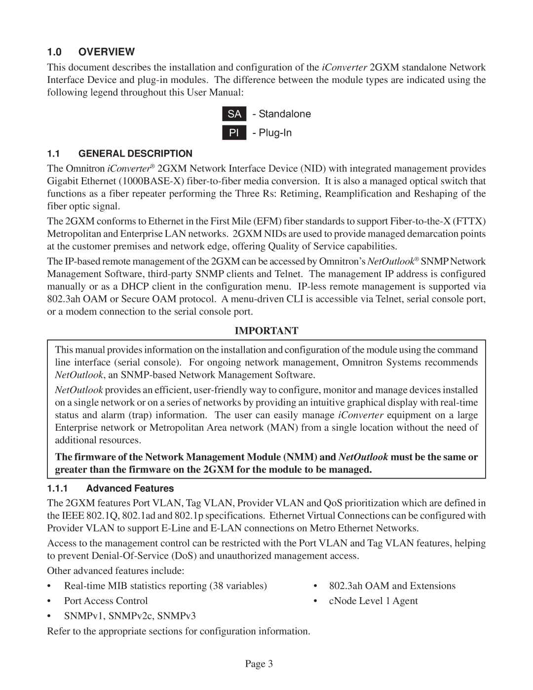 Omnitron Systems Technology 2GXM user manual Overview, Standalone Plug-In 