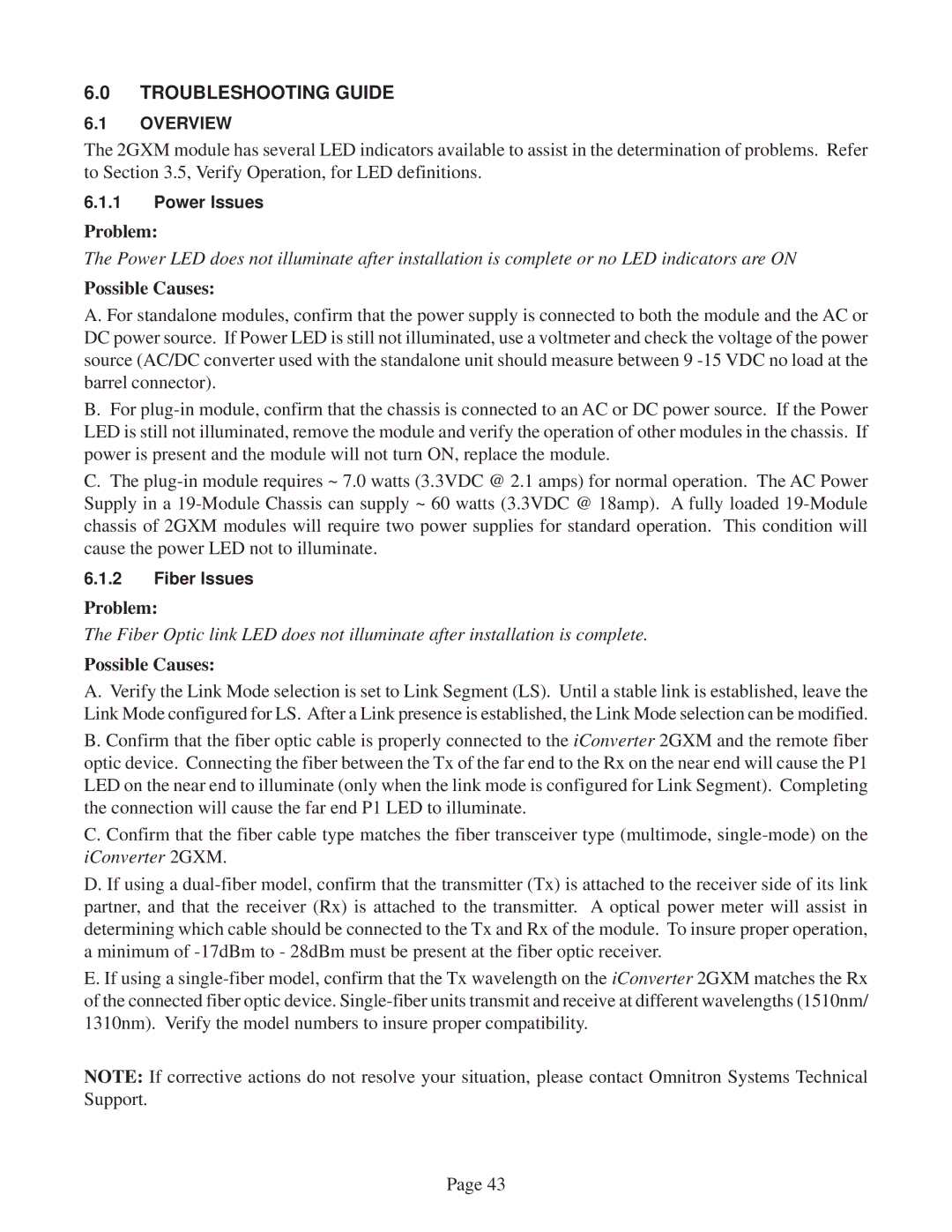 Omnitron Systems Technology 2GXM user manual Troubleshooting Guide, Possible Causes 