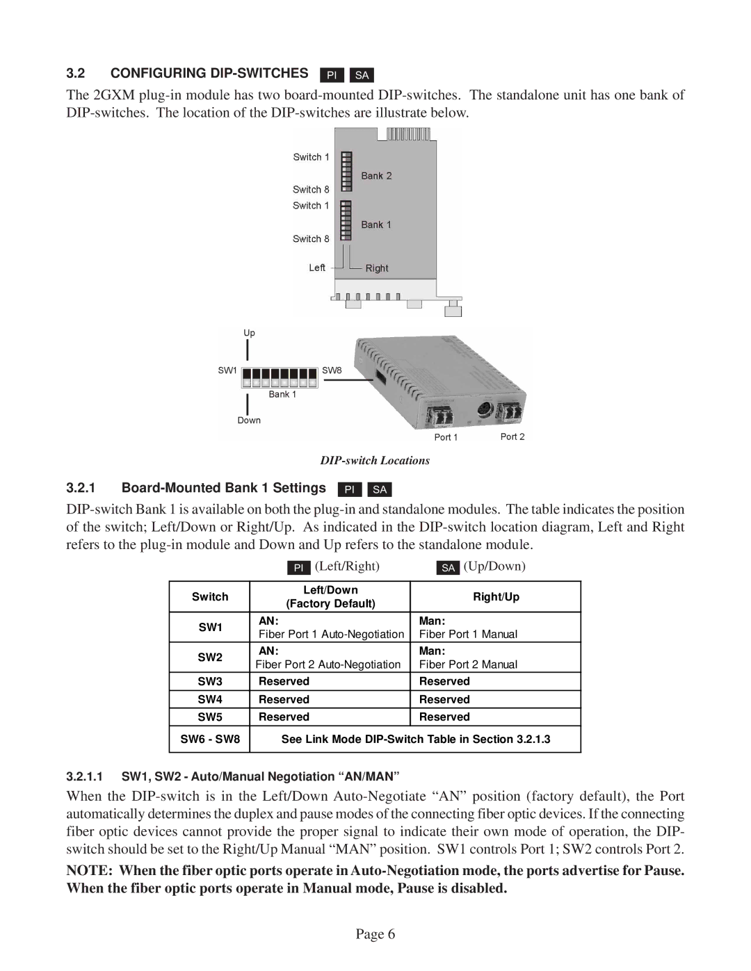 Omnitron Systems Technology 2GXM user manual Configuring DIP-SWITCHES 