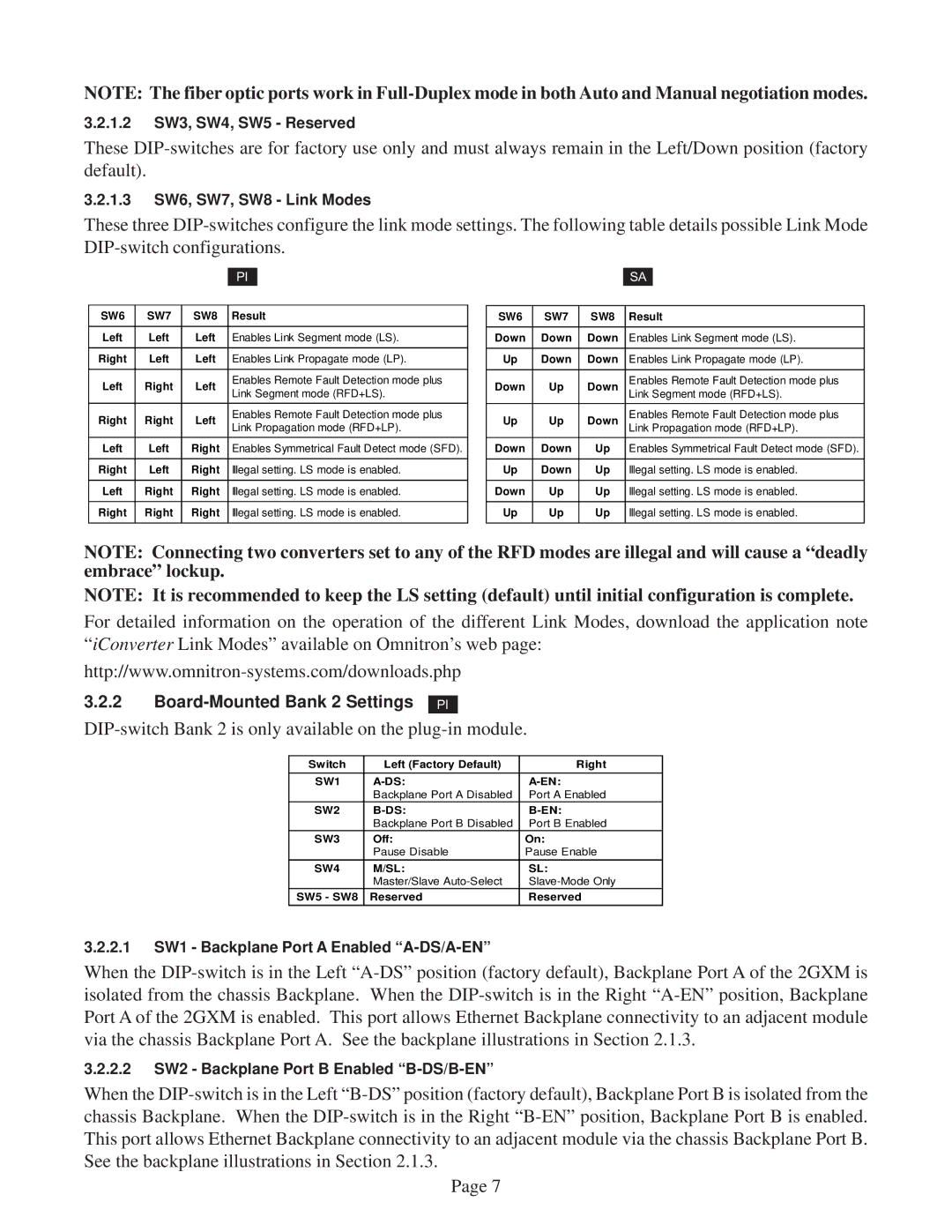 Omnitron Systems Technology 2GXM user manual DIP-switch Bank 2 is only available on the plug-in module 