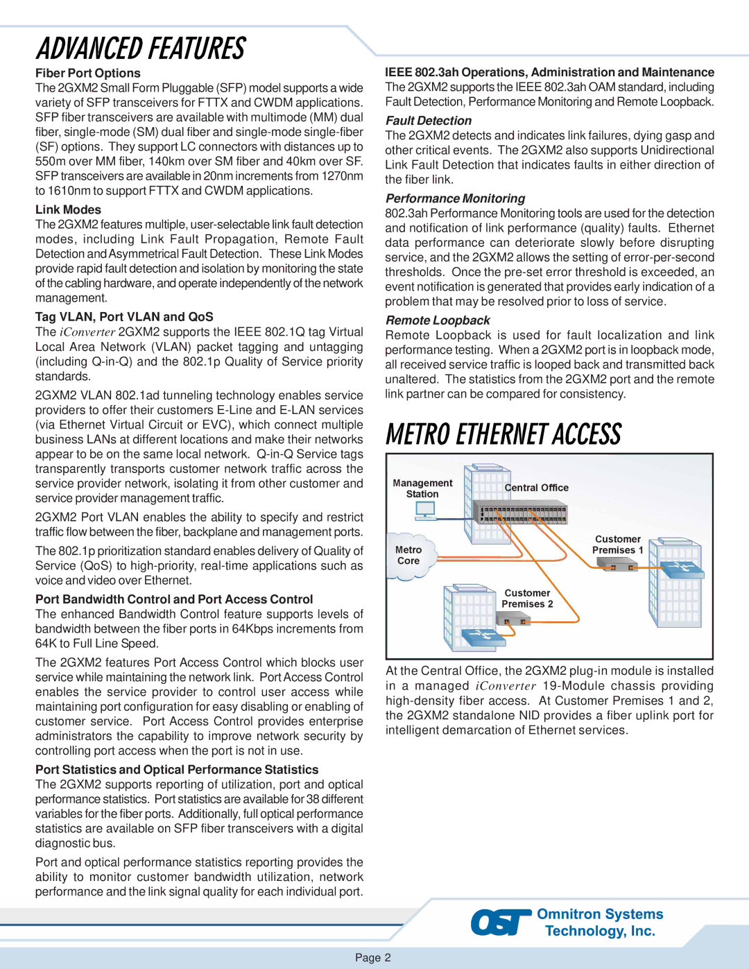 Omnitron Systems Technology 2GXM2 warranty Fiber Port Options, Link Modes, Tag VLAN, Port Vlan and QoS 