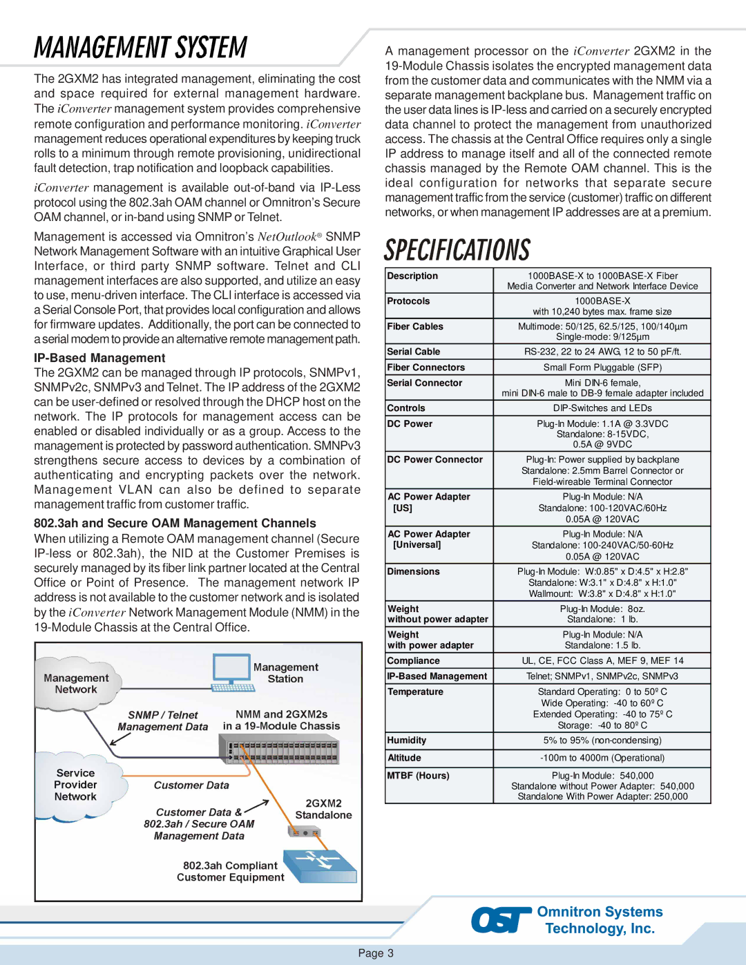 Omnitron Systems Technology 2GXM2 warranty IP-Based Management, 802.3ah and Secure OAM Management Channels 