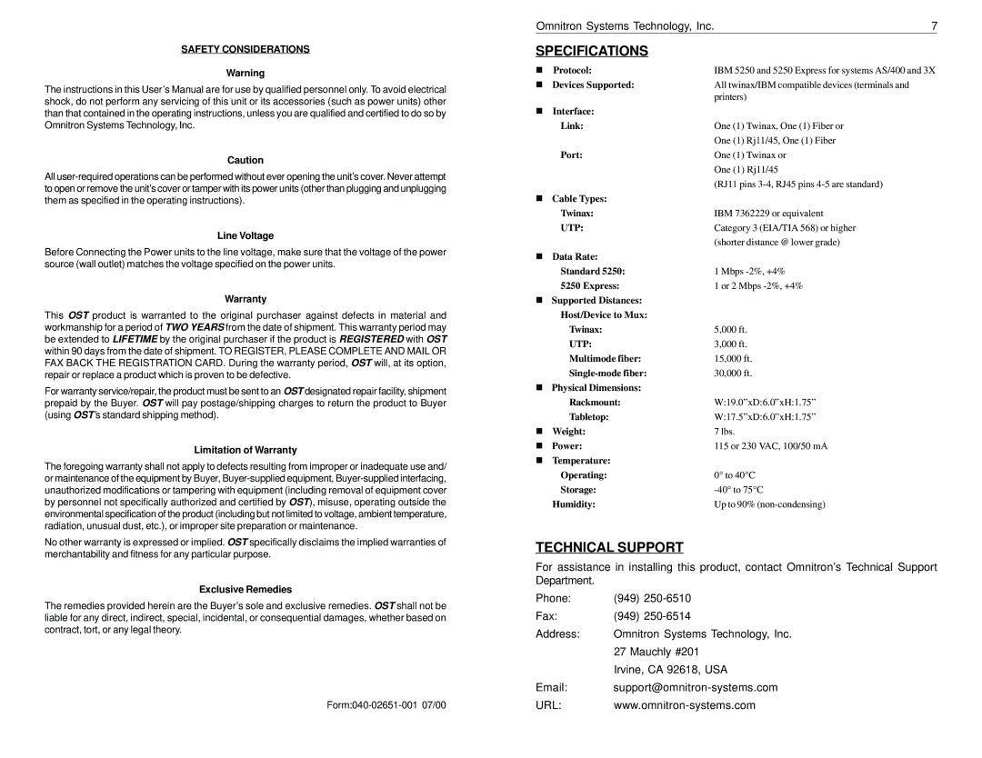 Omnitron Systems Technology 400 user manual Specifications, Technical Support 