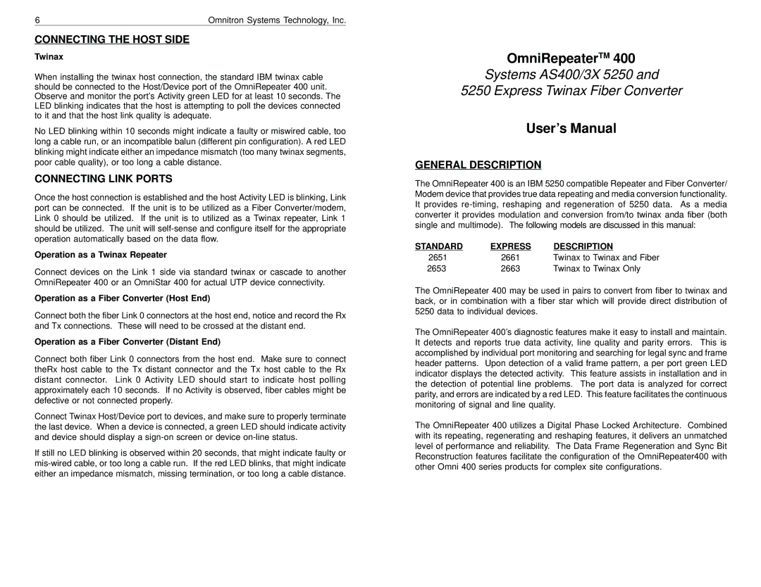 Omnitron Systems Technology 400 user manual Connecting the Host Side, Connecting Link Ports, General Description 