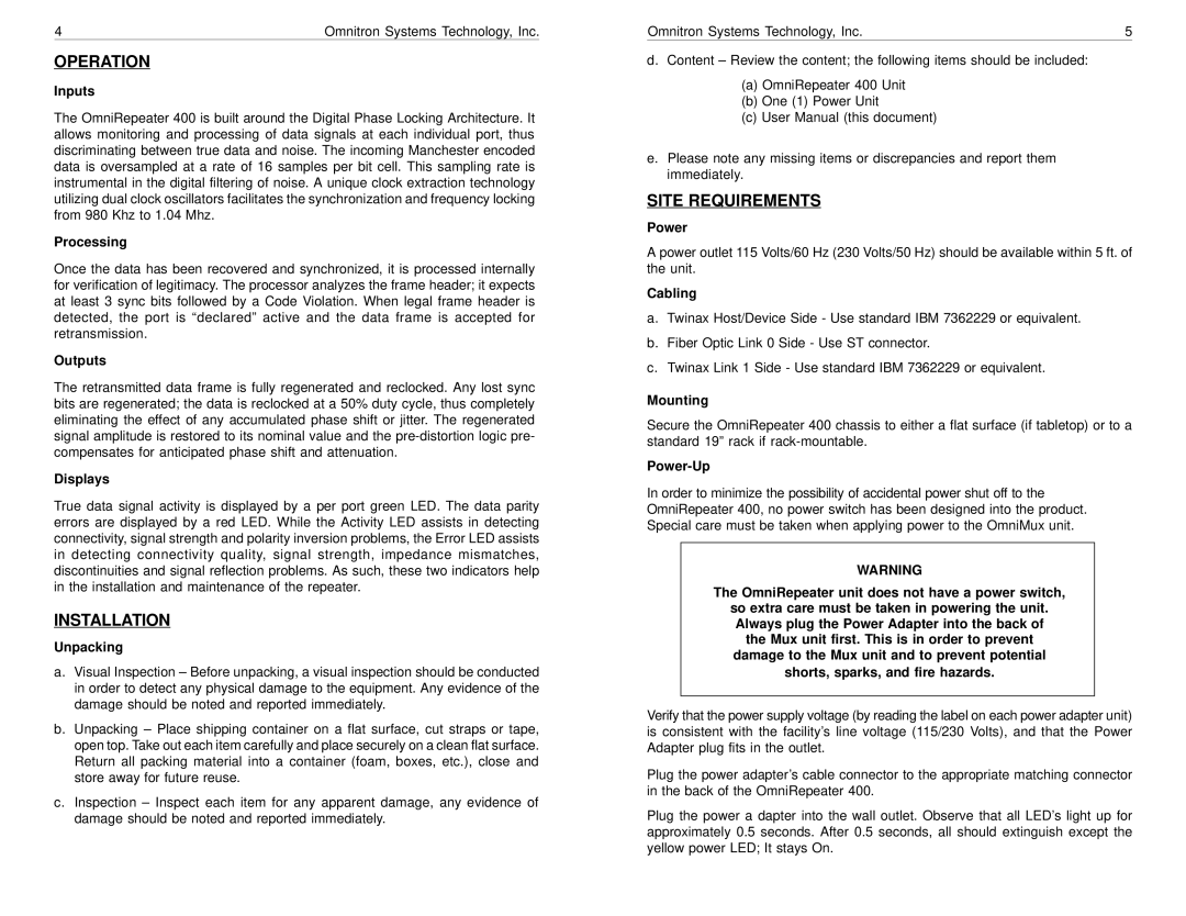 Omnitron Systems Technology 400 user manual Operation, Installation, Site Requirements 