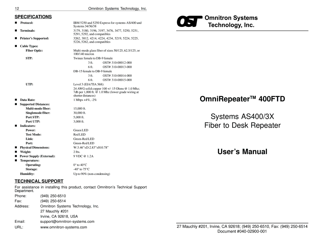 Omnitron Systems Technology 400FTD specifications Specifications, Technical Support 