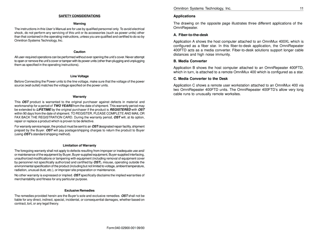 Omnitron Systems Technology 400FTD specifications Applications, Fiber-to-the-desk, Media Converter to the Desk 