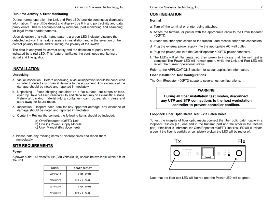 Omnitron Systems Technology 400FTD specifications Installation, Site Requirements, Configuration 