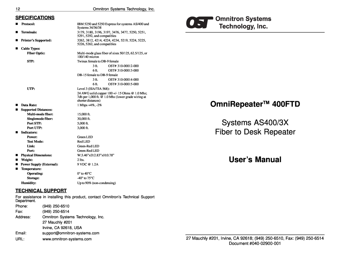 Omnitron Systems Technology specifications OmniRepeaterTM 400FTD, User’s Manual, Specifications, Technical Support 