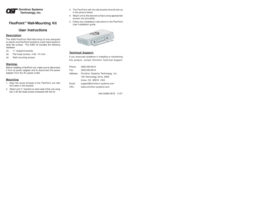 Omnitron Systems Technology 4380 installation instructions FlexPoint Wall-Mounting Kit User Instructions, Description 