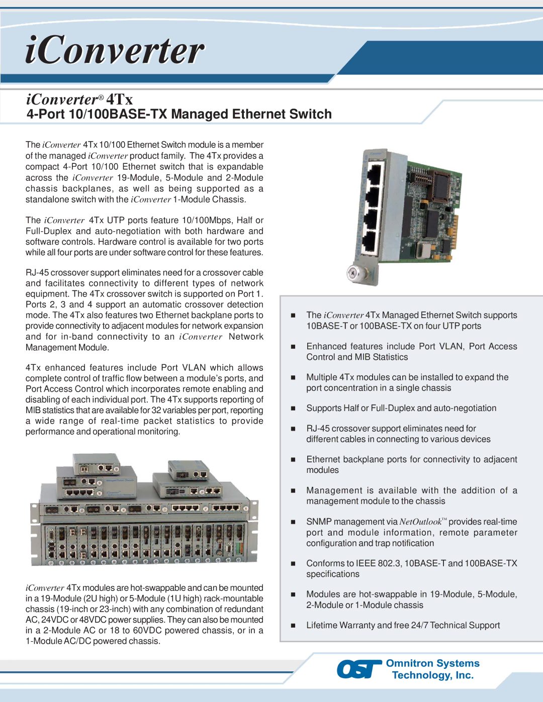 Omnitron Systems Technology specifications IConverter 4Tx, Port 10/100BASE-TX Managed Ethernet Switch 