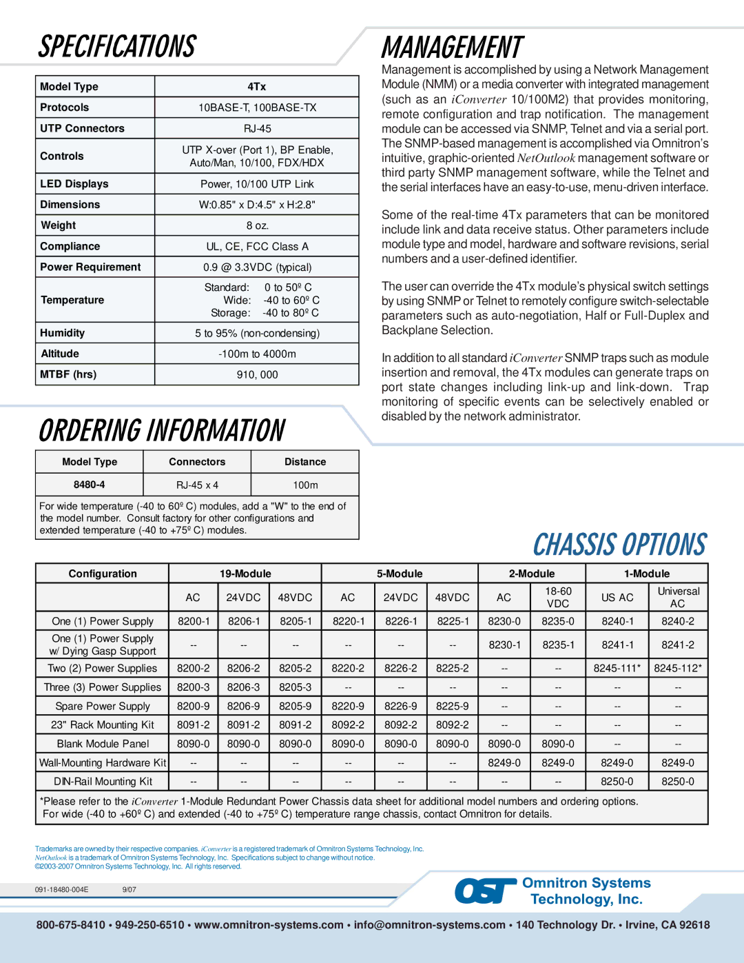 Omnitron Systems Technology Model Type 4Tx Protocols, UTP Connectors, Controls, LED Displays, Dimensions, Temperature 