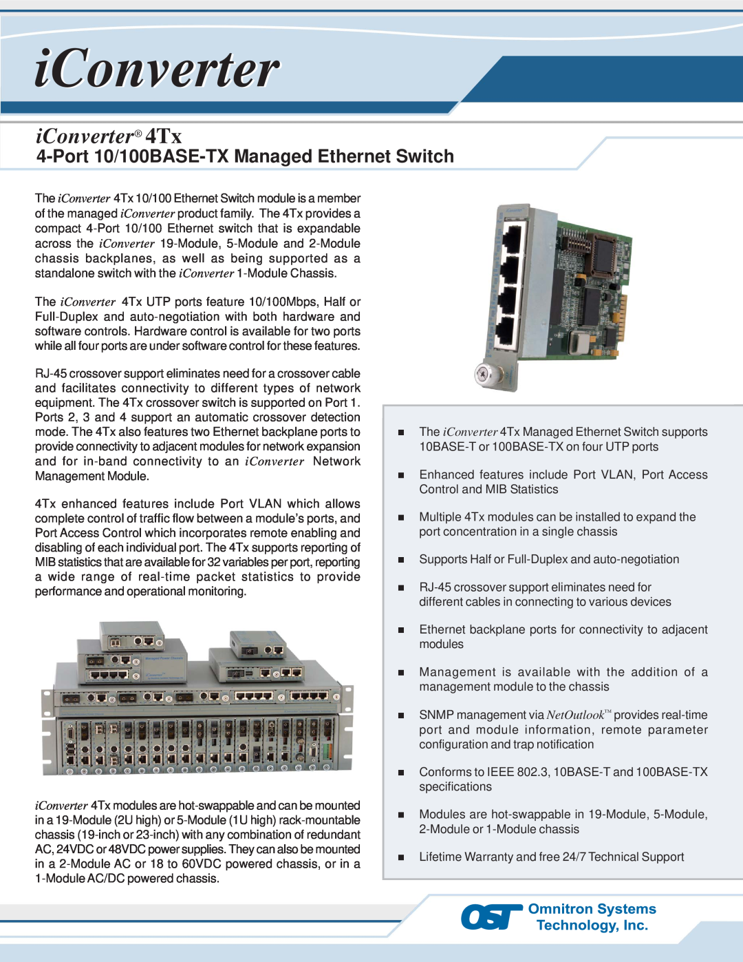 Omnitron Systems Technology specifications iConverter 4Tx, Port 10/100BASE-TX Managed Ethernet Switch 