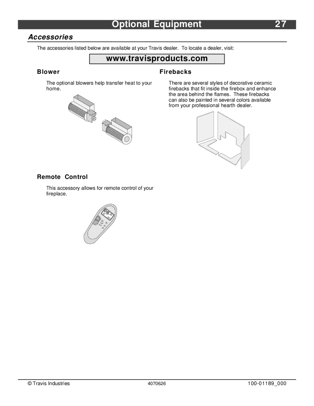 Omnitron Systems Technology 564 SS owner manual Optional Equipment, Accessories, Blower Firebacks 