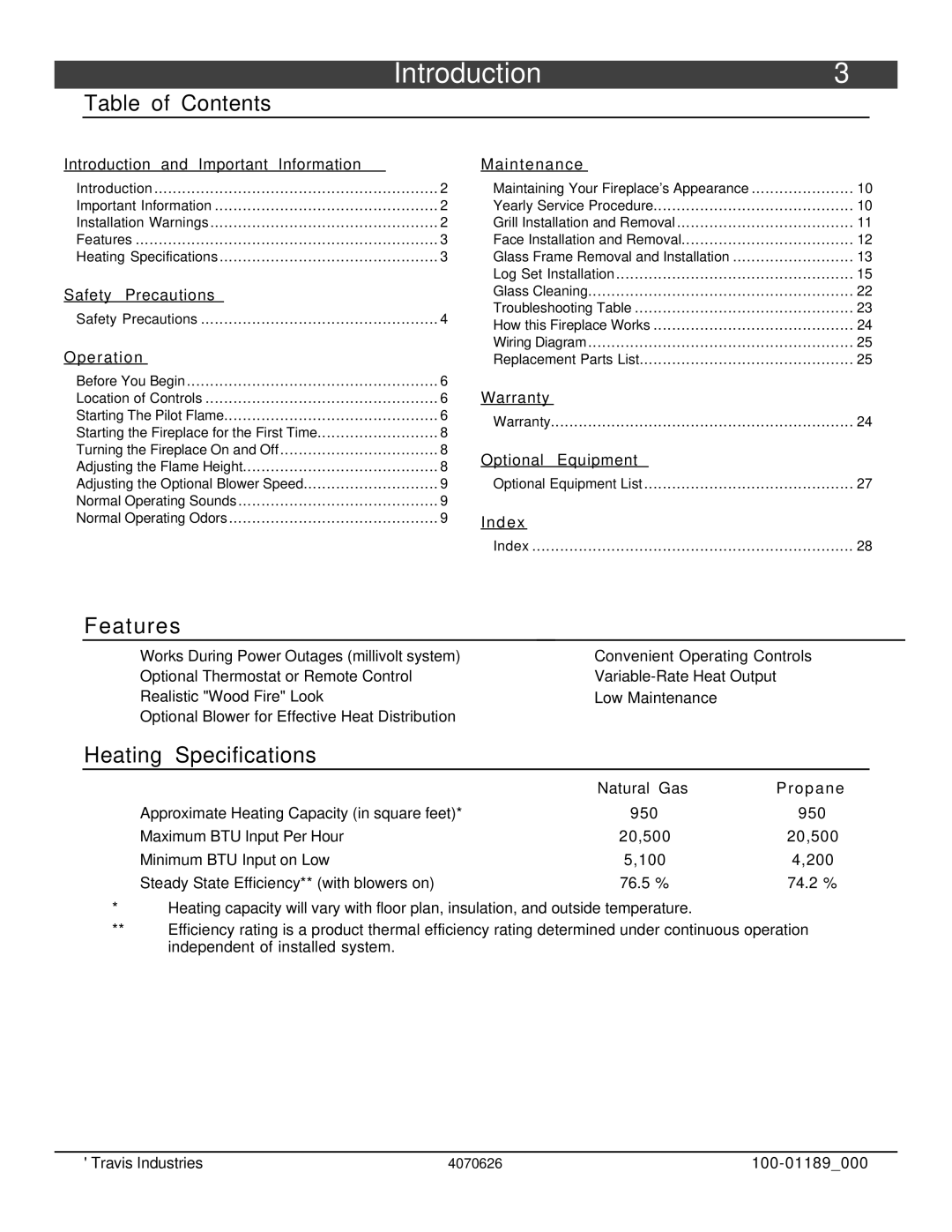 Omnitron Systems Technology 564 SS owner manual Table of Contents, Features, Heating Specifications 