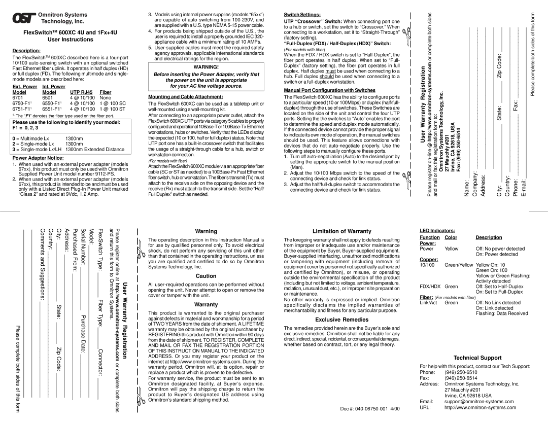 Omnitron Systems Technology warranty FlexSwitchTM 600XC 4U and 1Fx+4U User Instructions, User Warranty Registration 