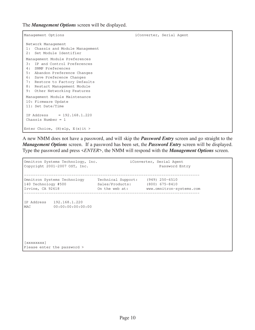 Omnitron Systems Technology 8000-0 user manual Management Options screen will be displayed 