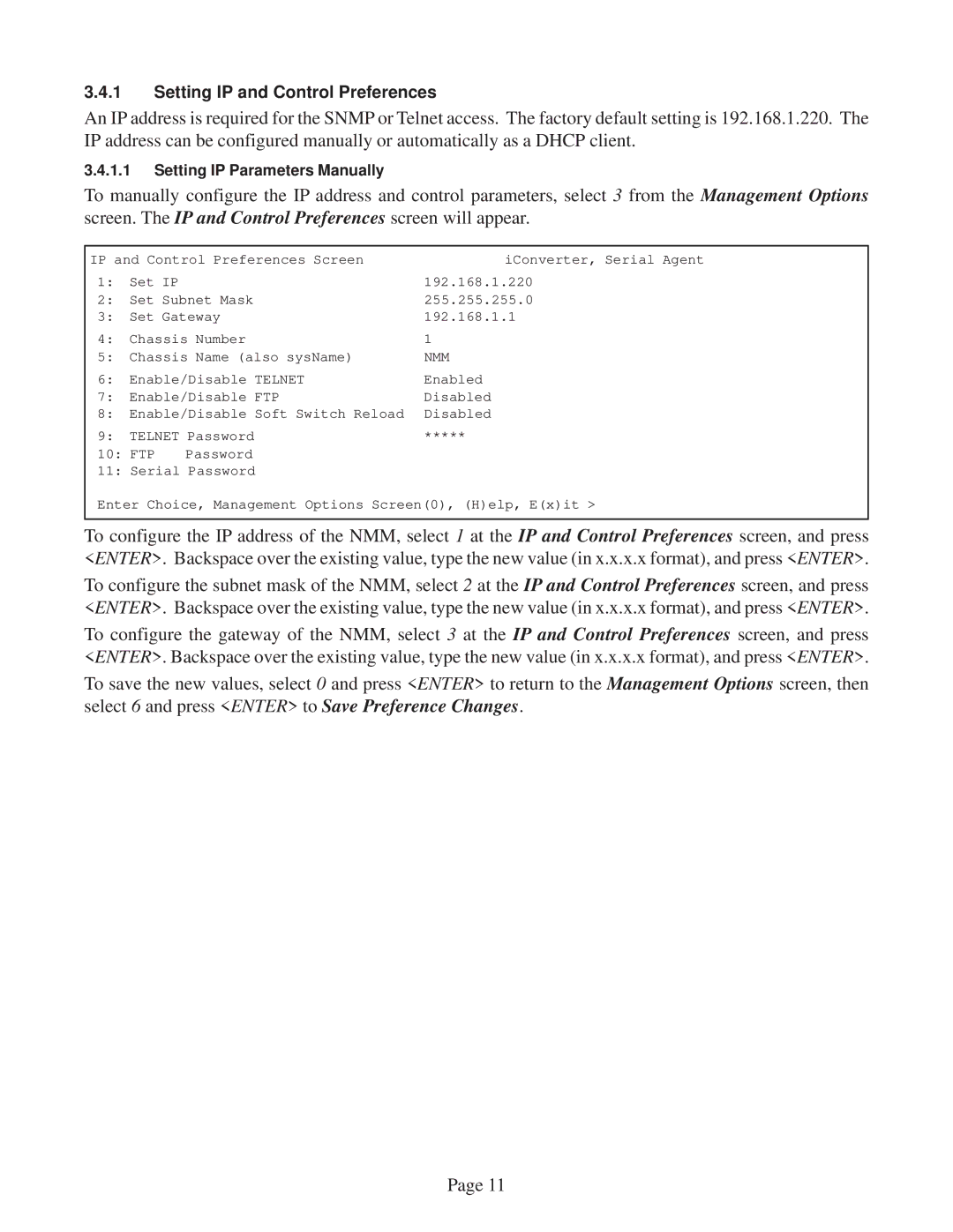 Omnitron Systems Technology 8000-0 user manual Setting IP and Control Preferences 